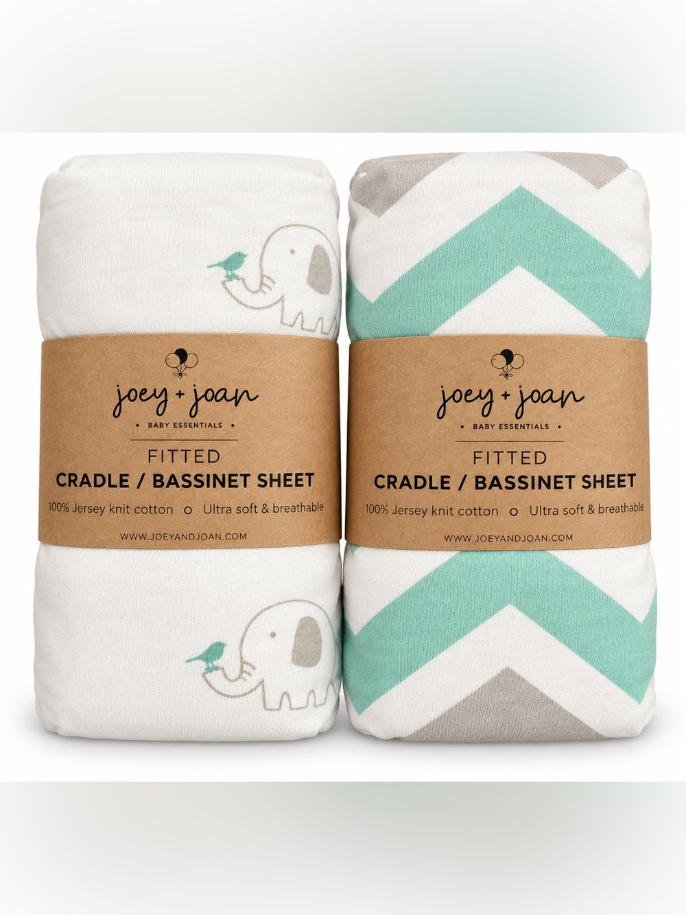 Joey + Joan Cradle Fitted Sheets 2 Pack 18x36 Elephants Chevron Jersey Cotton